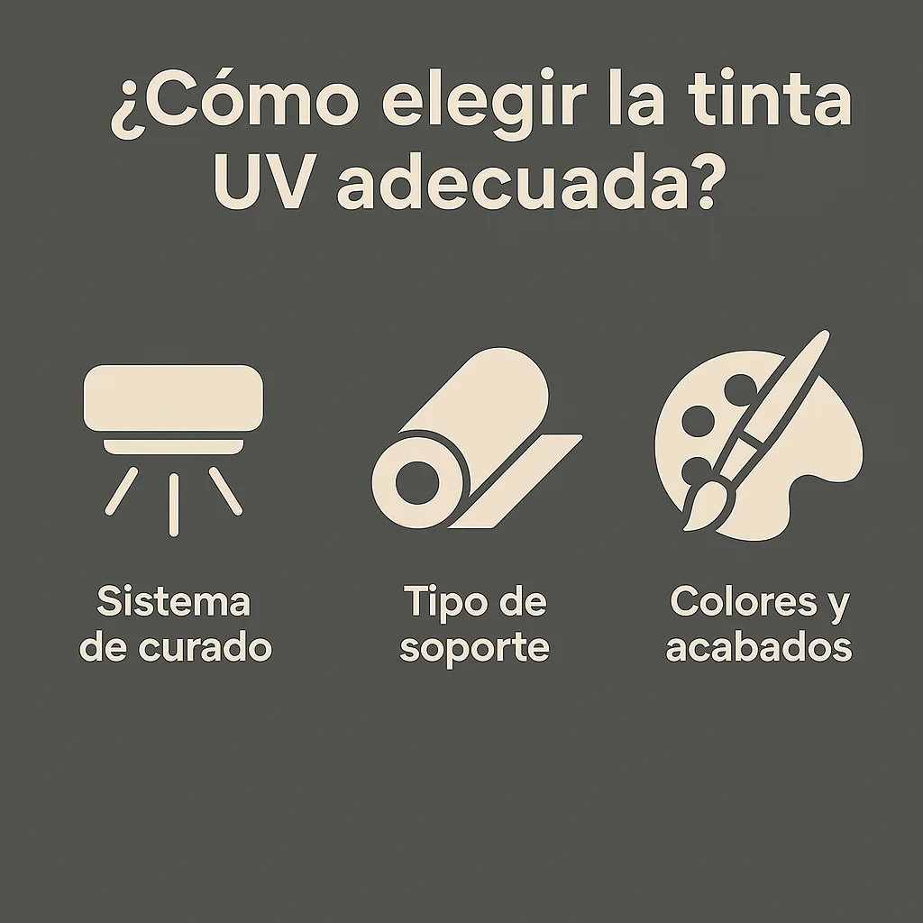 Infografía en estilo plano con fondo gris oscuro titulada '¿Cómo elegir la tinta UV adecuada?', que muestra tres criterios clave: sistema de curado, tipo de soporte y colores y acabados. Incluye iconos minimalistas representando cada concepto