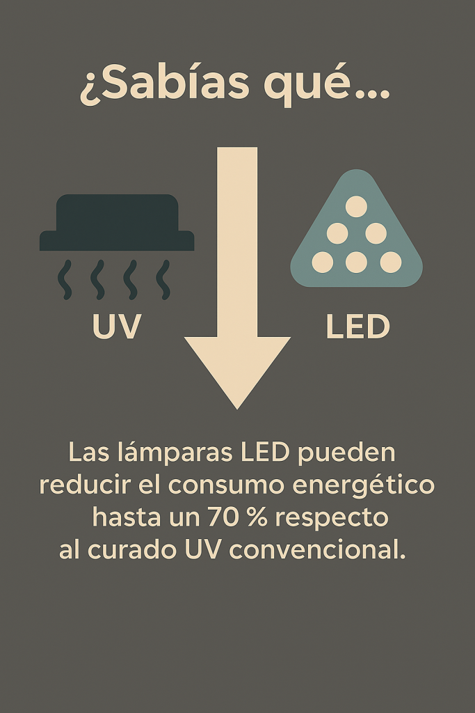 nfografía en estilo plano con fondo gris oscuro que compara el consumo energético entre curado UV convencional y curado LED, destacando que las lámparas LED pueden reducir el consumo hasta un 70 %. Incluye iconos de lámpara UV y LED, una flecha descendente y el texto informativo