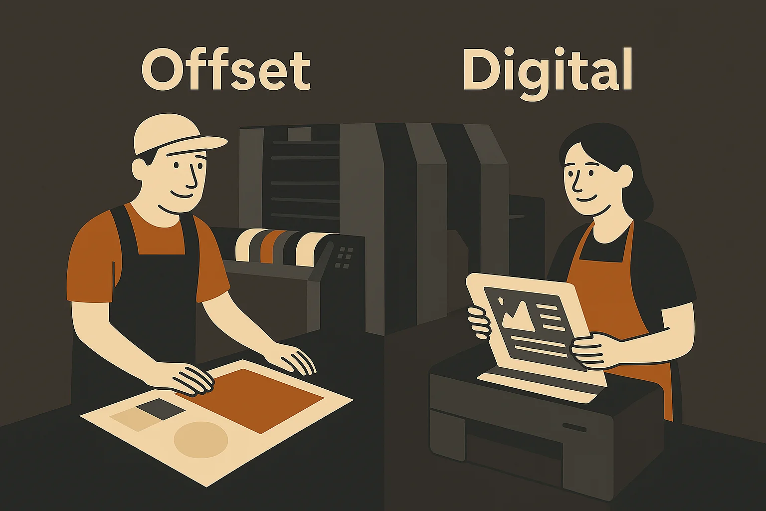 Ilustración comparativa de impresión offset y digital con dos profesionales y sus respectivas máquinas.