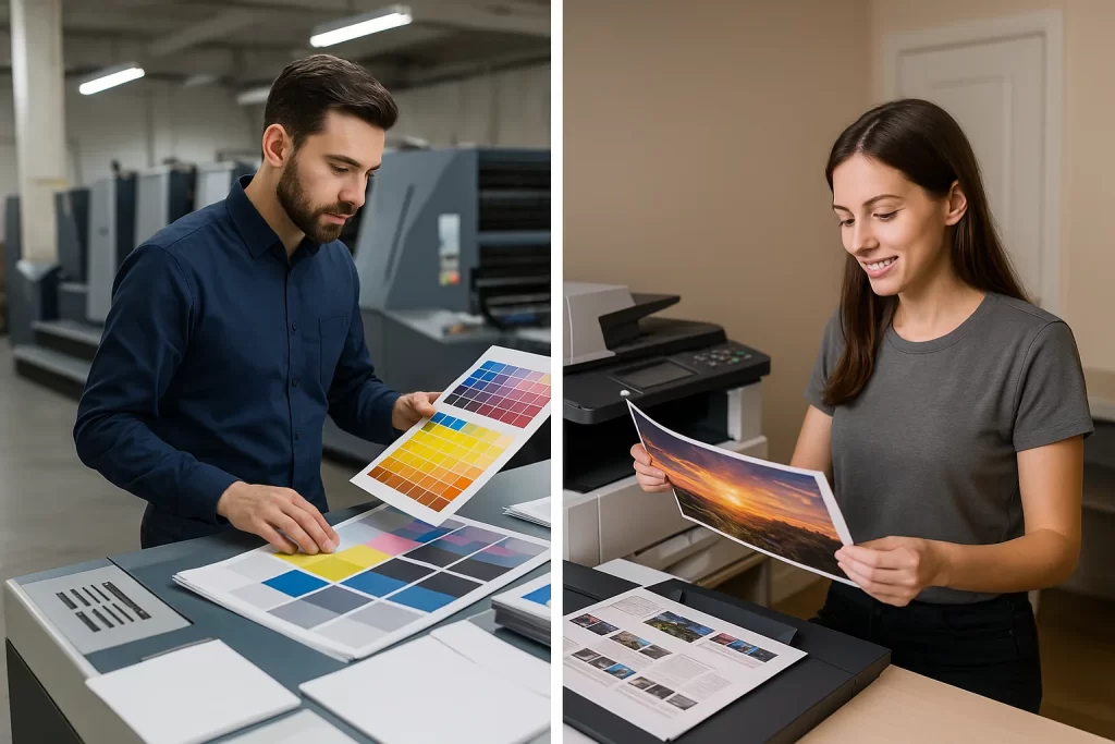 Fotografía de un técnico en impresión offset revisando una carta de color y una operadora digital inspeccionando una impresión fotográfica.
