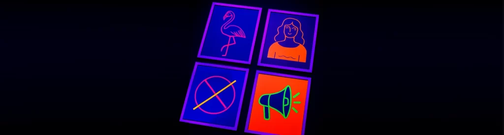 Cuatro láminas impresas con tinta fluorescente en colores vivos, iluminadas bajo luz ultravioleta. Diseño artístico con iconos de flamenco, rostro femenino, símbolo gráfico y megáfono sobre fondos neón.