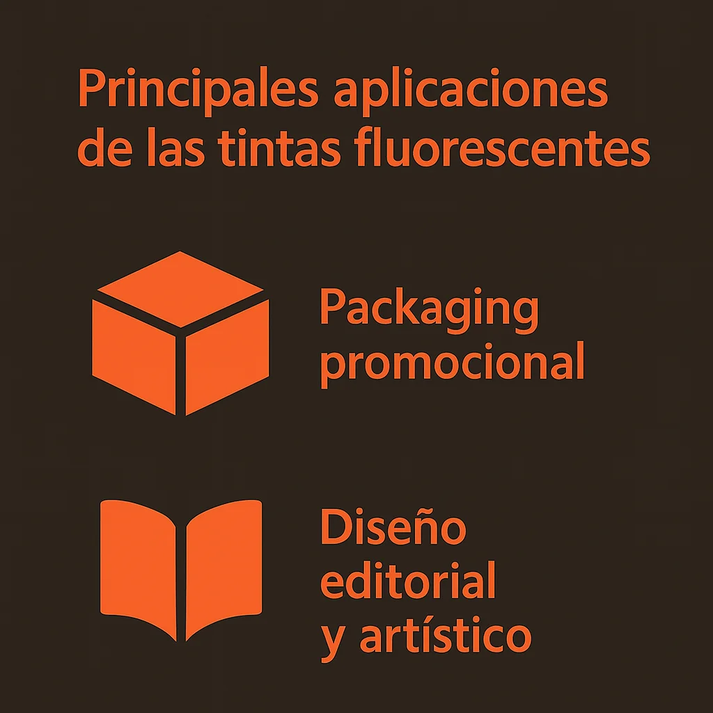 Infografía sobre las principales aplicaciones de las tintas fluorescentes: publicidad exterior y cartelería, packaging promocional, señalética de seguridad y diseño editorial o artístico