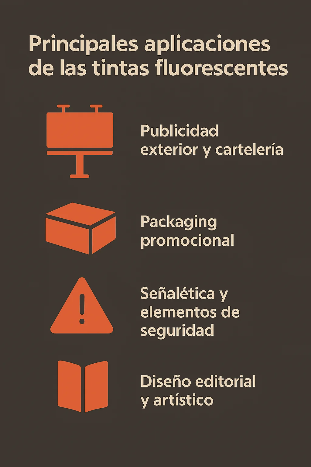 Infografía sobre las principales aplicaciones de las tintas fluorescentes: publicidad exterior y cartelería, packaging promocional, señalética de seguridad y diseño editorial o artístico