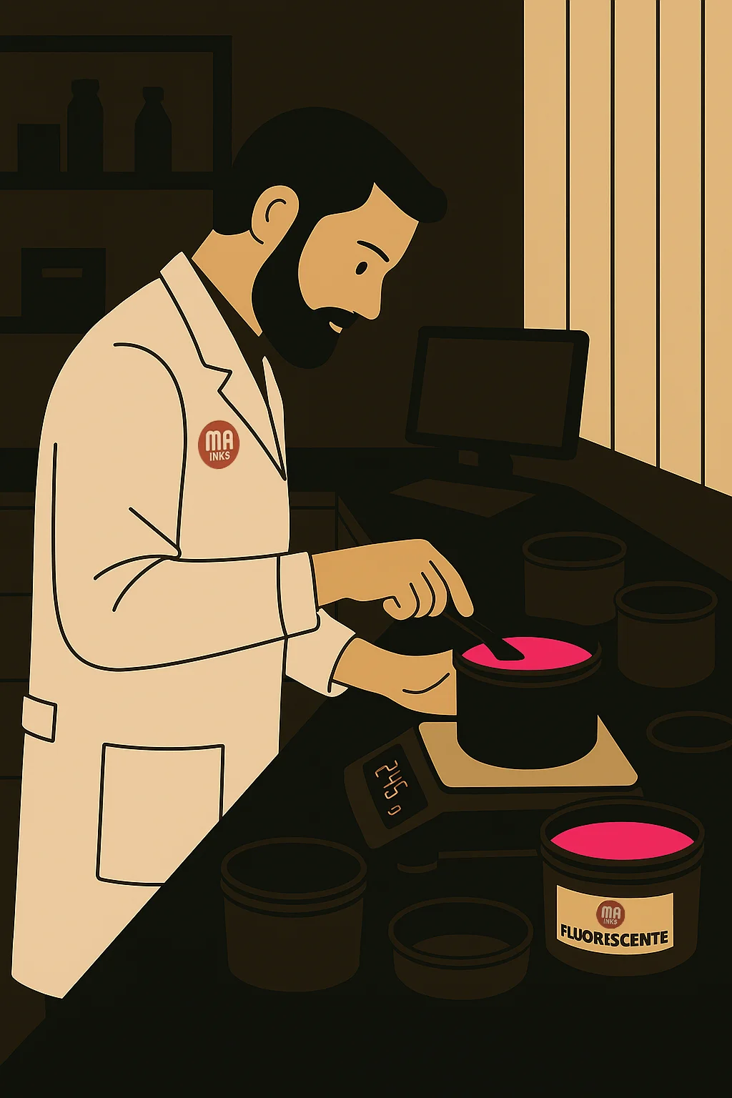 Un técnico del laboratorio de Ma Inks, trabajando en la fórmula de tintas fluorescentes