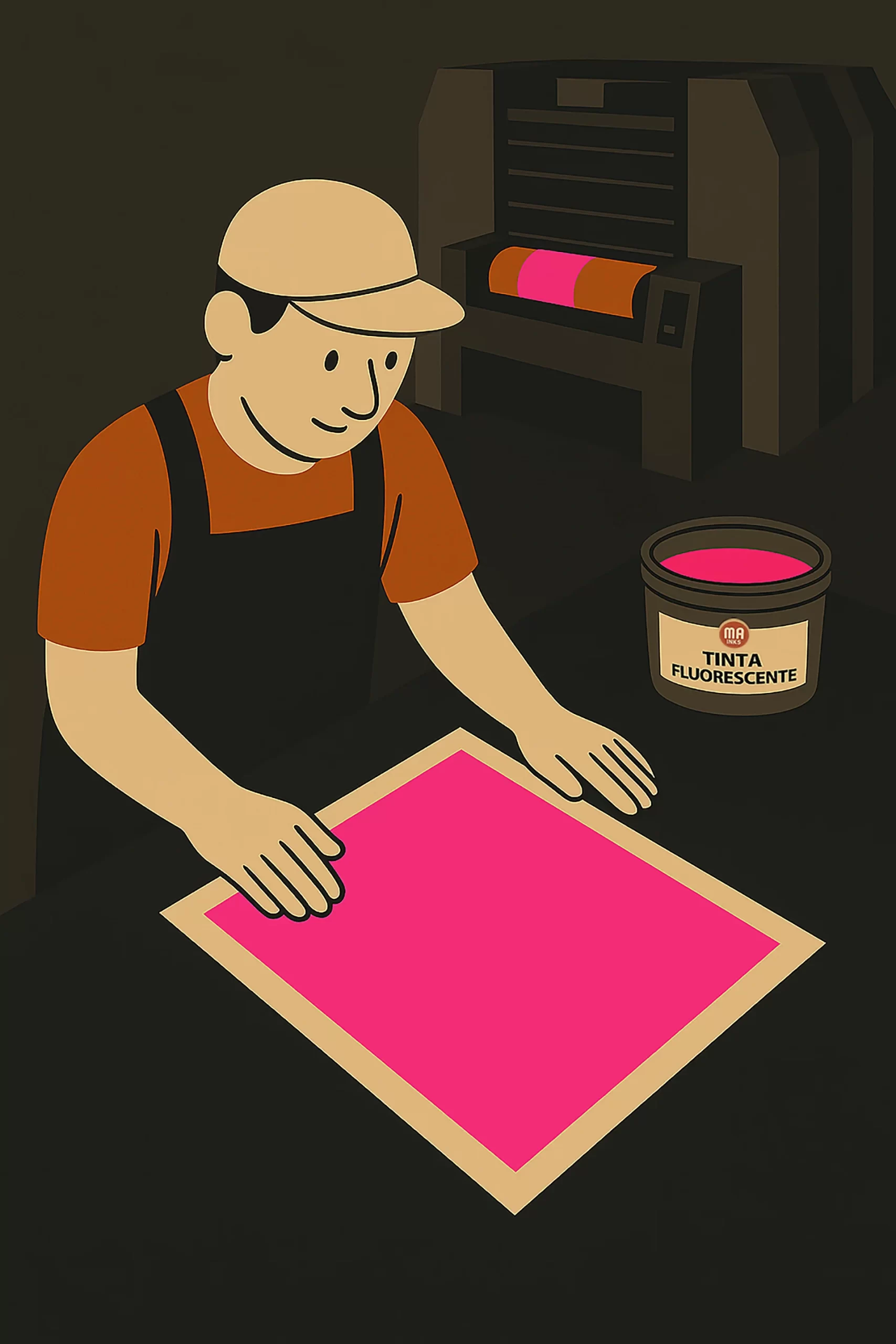 Impresor trabajando con tintas fluorescentes de MA Inks en impresión offset 