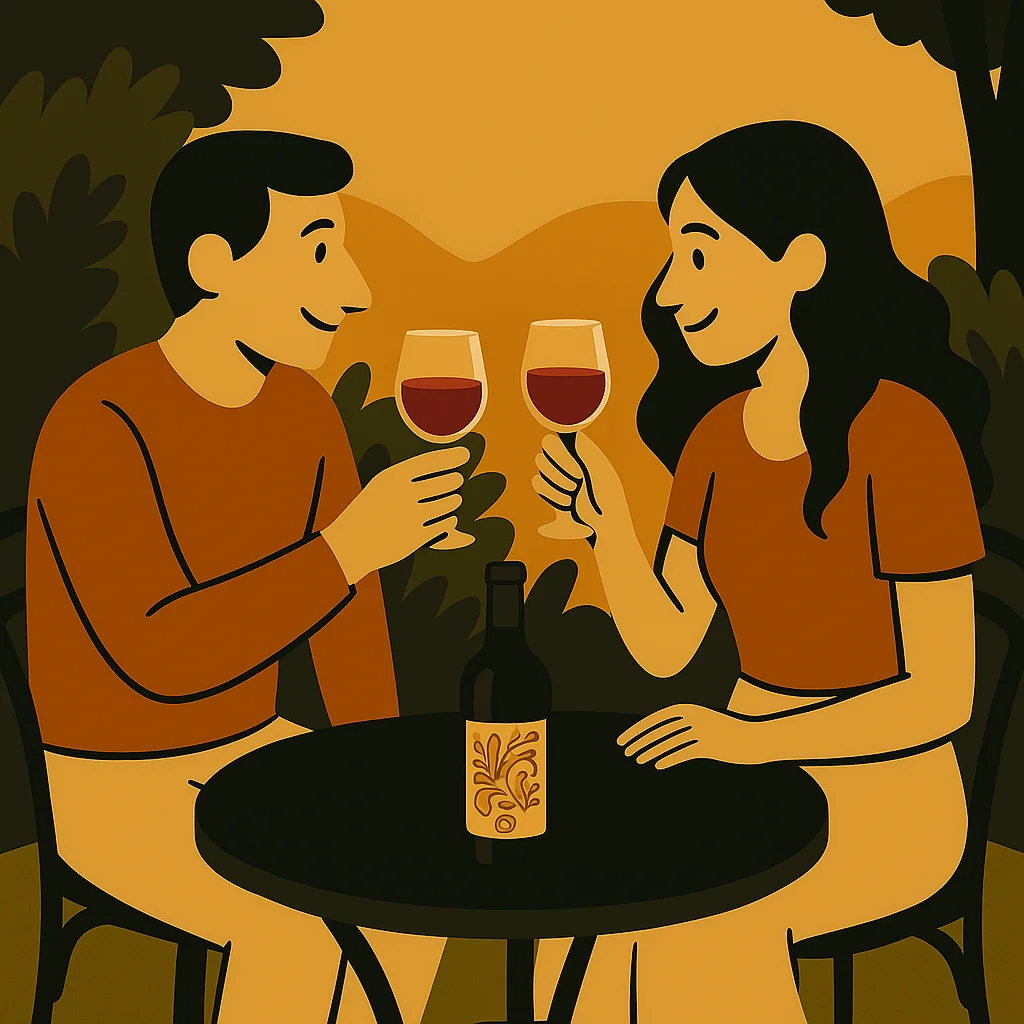 Pareja brindando al atardecer con copas de vino y botella con etiqueta impresa con tinta ecológica.