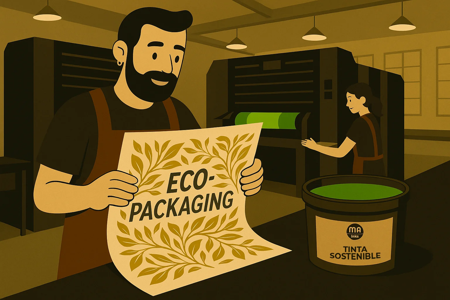 Trabajadores en imprenta utilizando tinta sostenible MA Inks para producir packaging ecológico. 