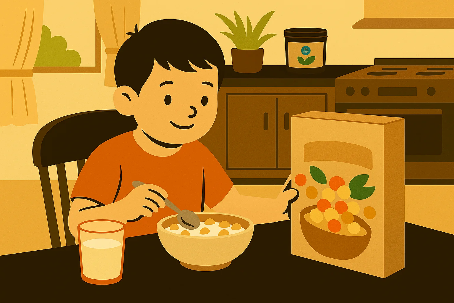 Niño desayunando cereales en una cocina con envase ilustrado, impreso con tinta ecológica.