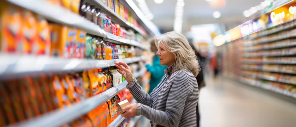 Mujer eligiendo productos en un supermercado, rodeada de envases impresos, representando la importancia de la tinta ecológica en el packaging sostenible.