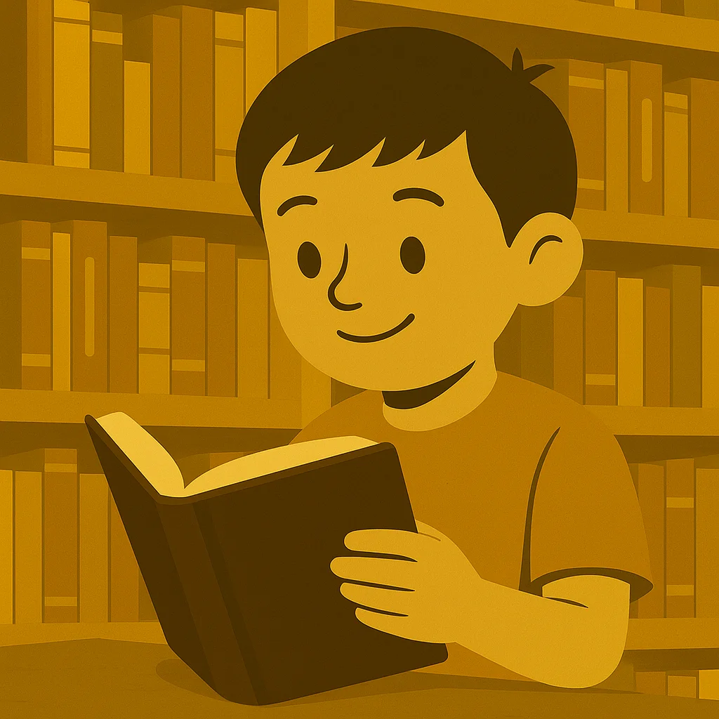 evolución tintas offset: niño leyendo un libro en una biblioteca