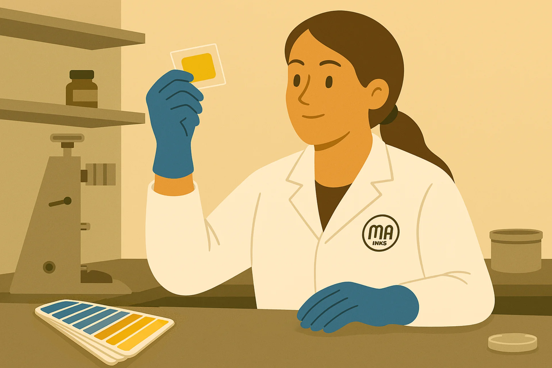 evolución tinta offset: técnico en el laboratorio de ma inks observa una muestra de tinta. Ilustración