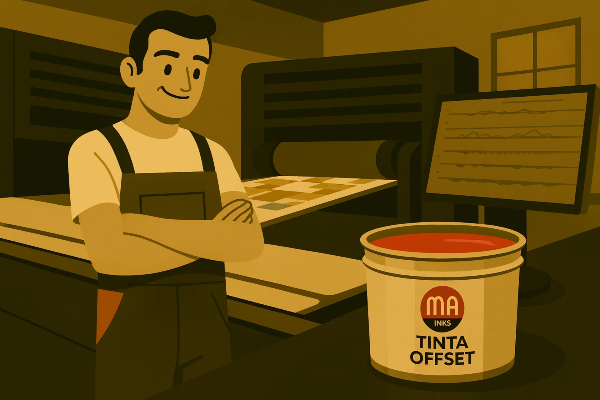 Illustration of an offset printing operator with control panel and MA Inks ink container, reflecting the evolution of offset inks