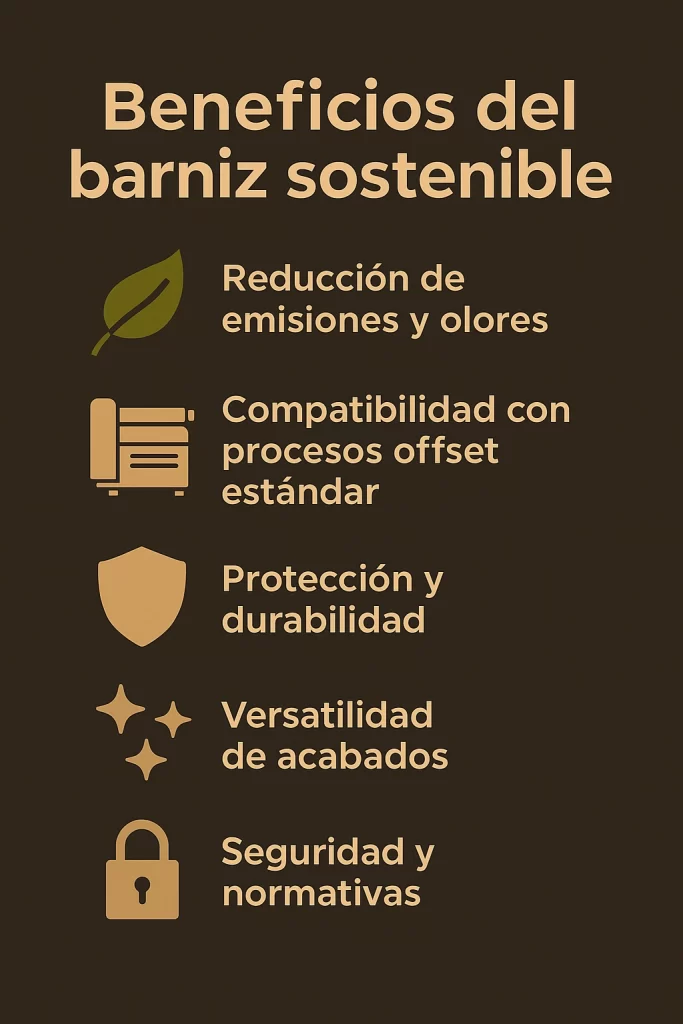 Infografía con los beneficios del barniz sostenible: reducción de emisiones, compatibilidad con procesos offset, protección, versatilidad de acabados y seguridad