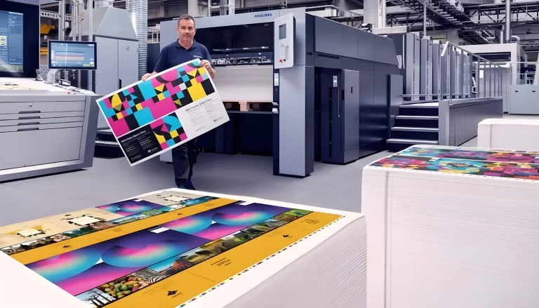 Impresor satisfecho muestra pliego impreso de alta calidad en máquina offset moderna.