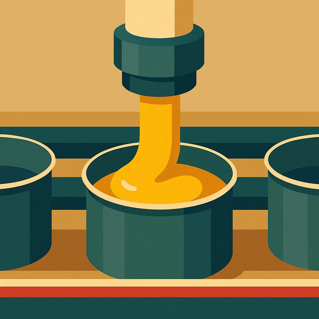 fabricación tinta: boquilla industrial llenando una lata con tinta amarilla en una línea de producción.