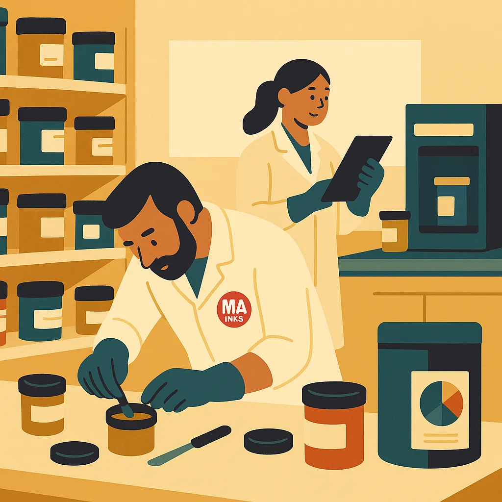 Fabricación de tintas offset: I+D de MA Inks. Químicos en el laboratorio realizando control de calidad y formulación avanzada de tintas para garantizar la viscosidad y el tono en cada lote.