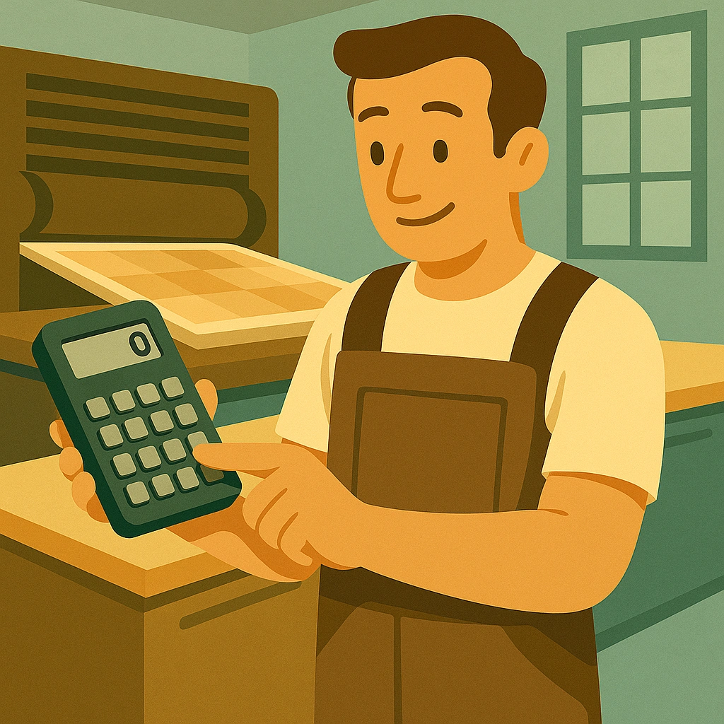 Ilustración en estilo plano de un operario en un taller calculando costes de producción, representando el análisis de rentabilidad y la importancia de elegir tintas de calidad en la impresión offset.