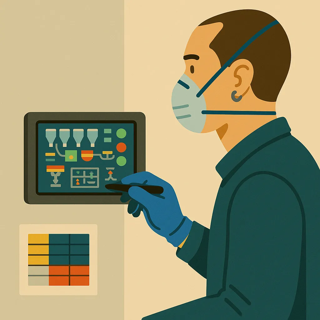 fabricación de tintas: operario con guantes azules y mascarilla usando un panel de control industrial en una planta de producción.