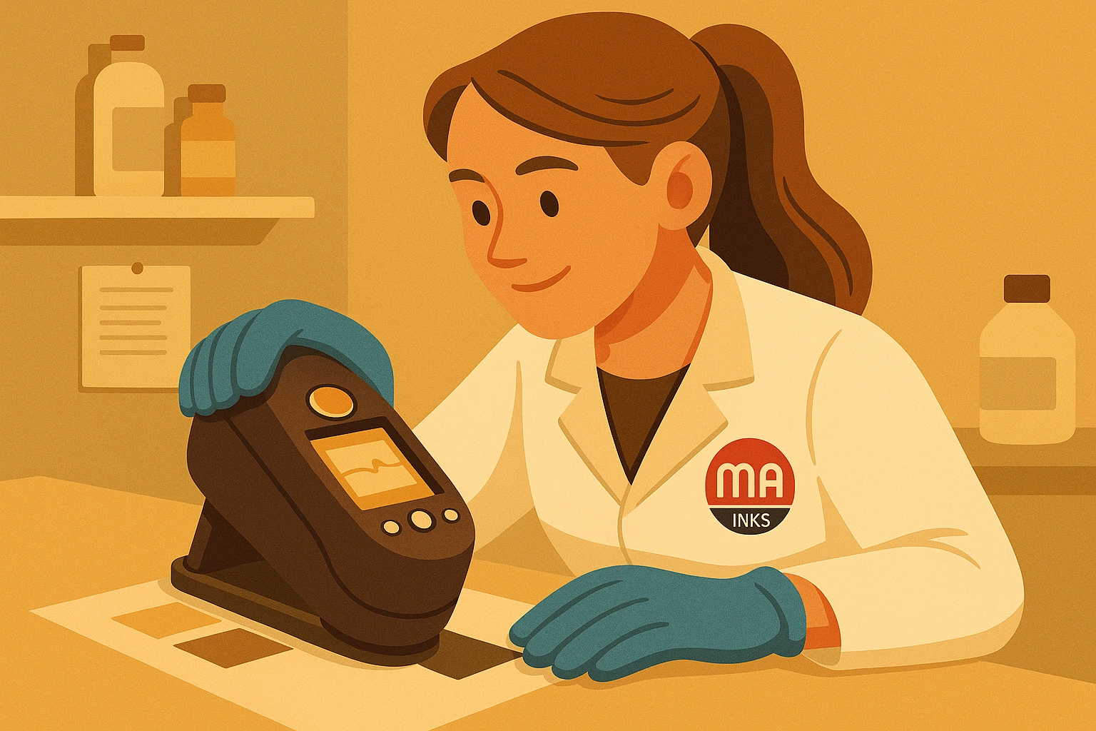 una técnica del laboratorio de ma inks comprueba la calidad del color de la muestra de tinta