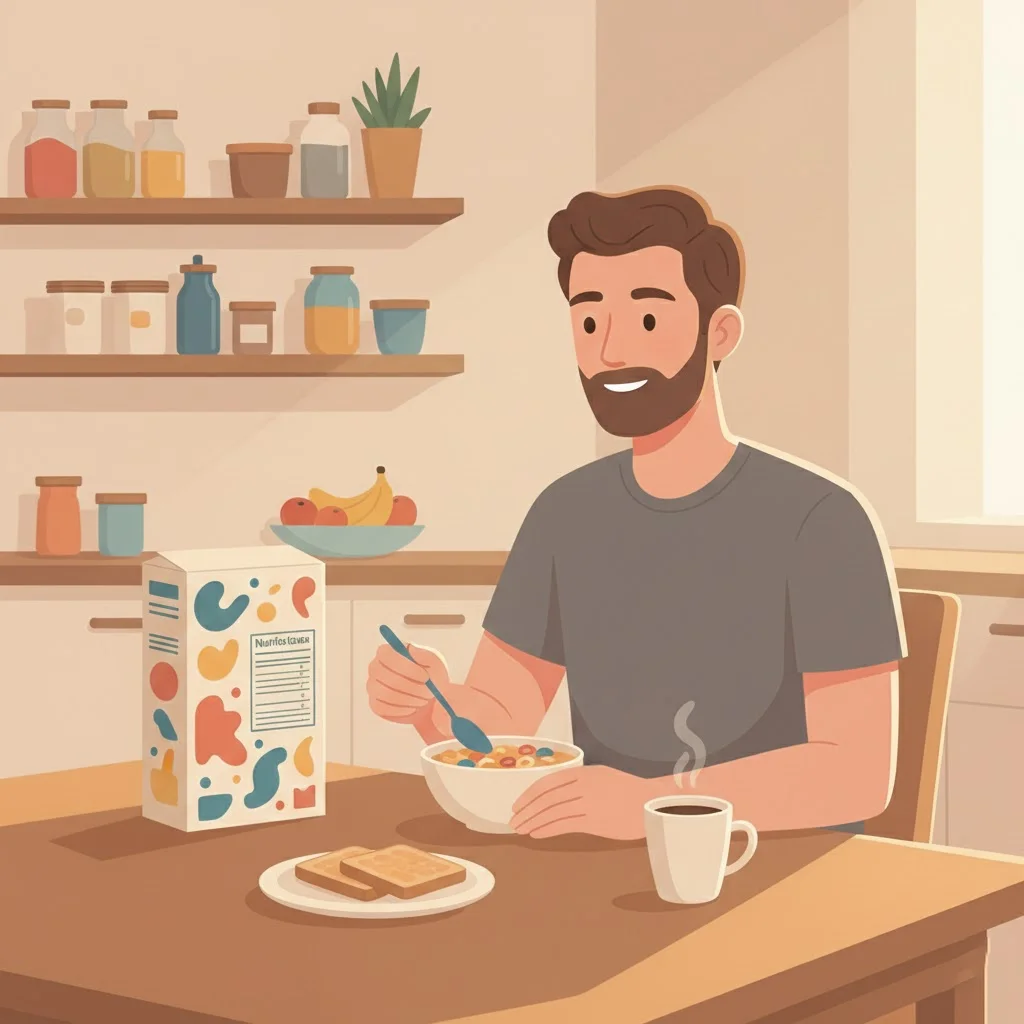 Ilustración de un joven desayunando con una caja de cereales de cartón, representando la importancia de la seguridad química en packaging alimentario para la protección del consumidor final.