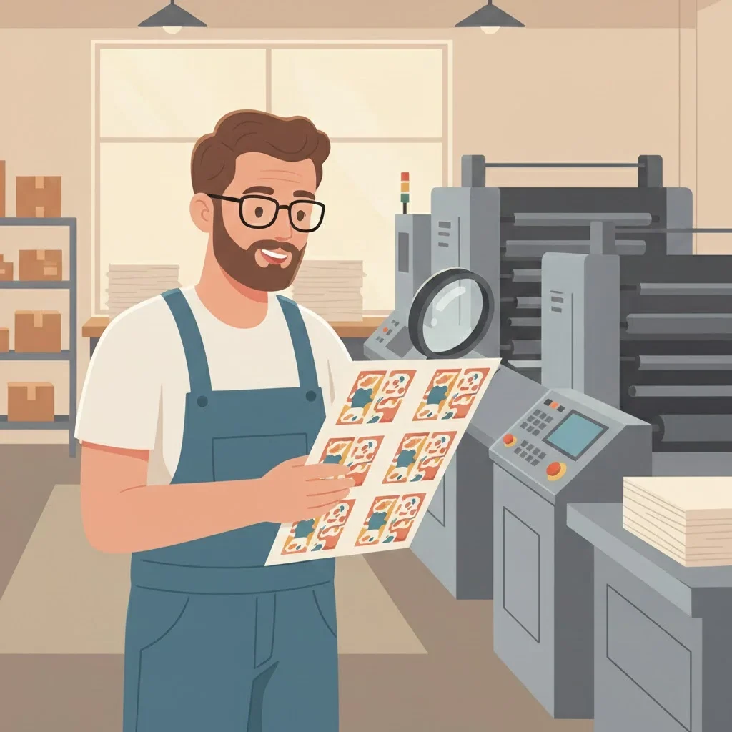 Ilustración de un impresor profesional revisando un pliego con lupa en la planta de producción para garantizar la seguridad química en packaging alimentario y la ausencia de defectos de migración.