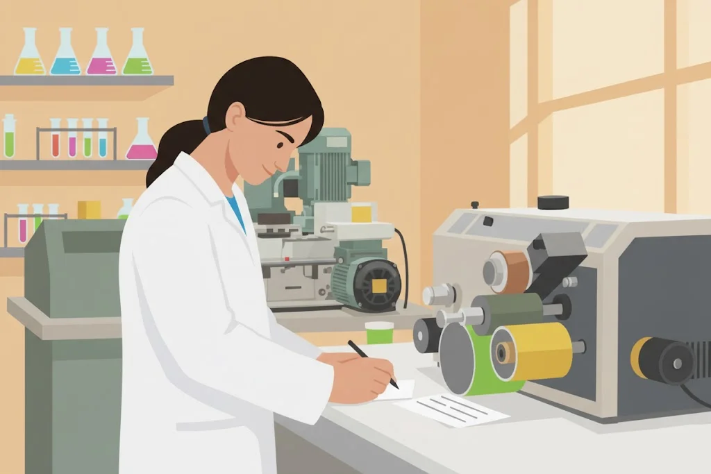 Técnico realizando un ensayo de transferencia y estabilidad en máquina para garantizar la seguridad química en packaging alimentario mediante la prevención del repinte y la migración indirecta con tintas MA Inks.