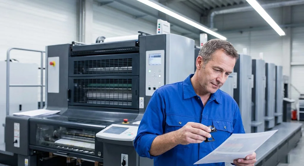 Impresor offset analizando una prueba de color para elegir la tinta más adecuada según el soporte y el tipo de impresión