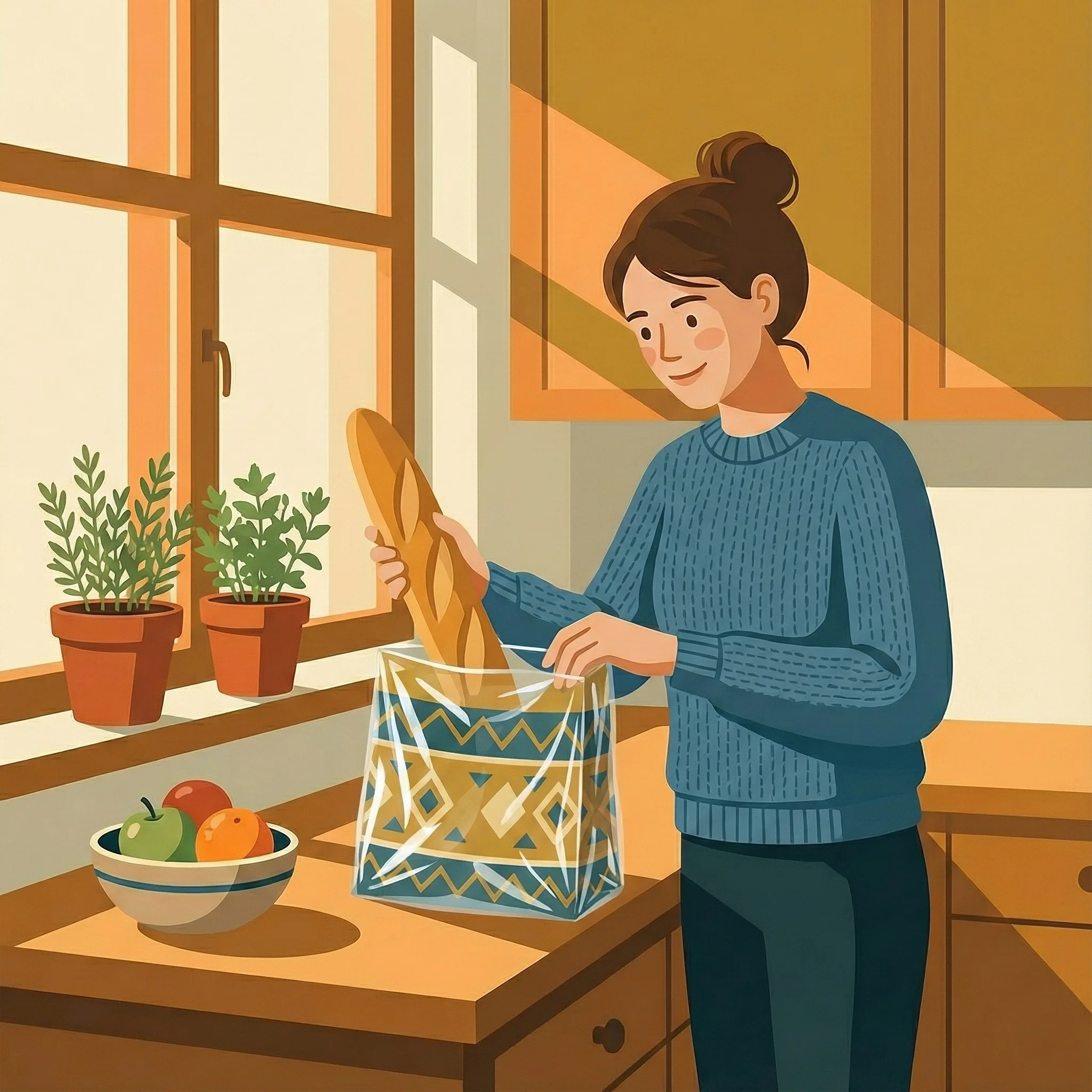 Ilustración de envase alimentario con bolsa de plástico, ejemplo de packaging que requiere tintas especiales para soportes poco absorbentes