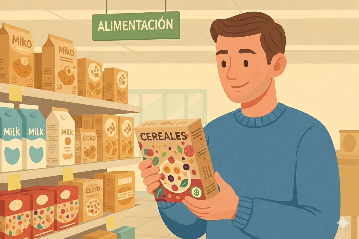 Ilustración de un hombre en un supermercado eligiendo una caja de cereales de cartón en la sección de alimentación, representando la preferencia del consumidor por el packaging sostenible.