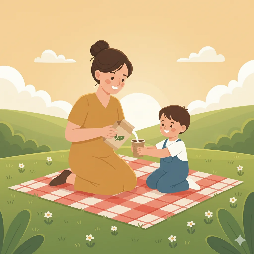 Ilustración de estilo plano de una madre y su hijo en un picnic usando envases de cartón, destacando la seguridad alimentaria y la baja migración de las tintas en el packaging paperizado.