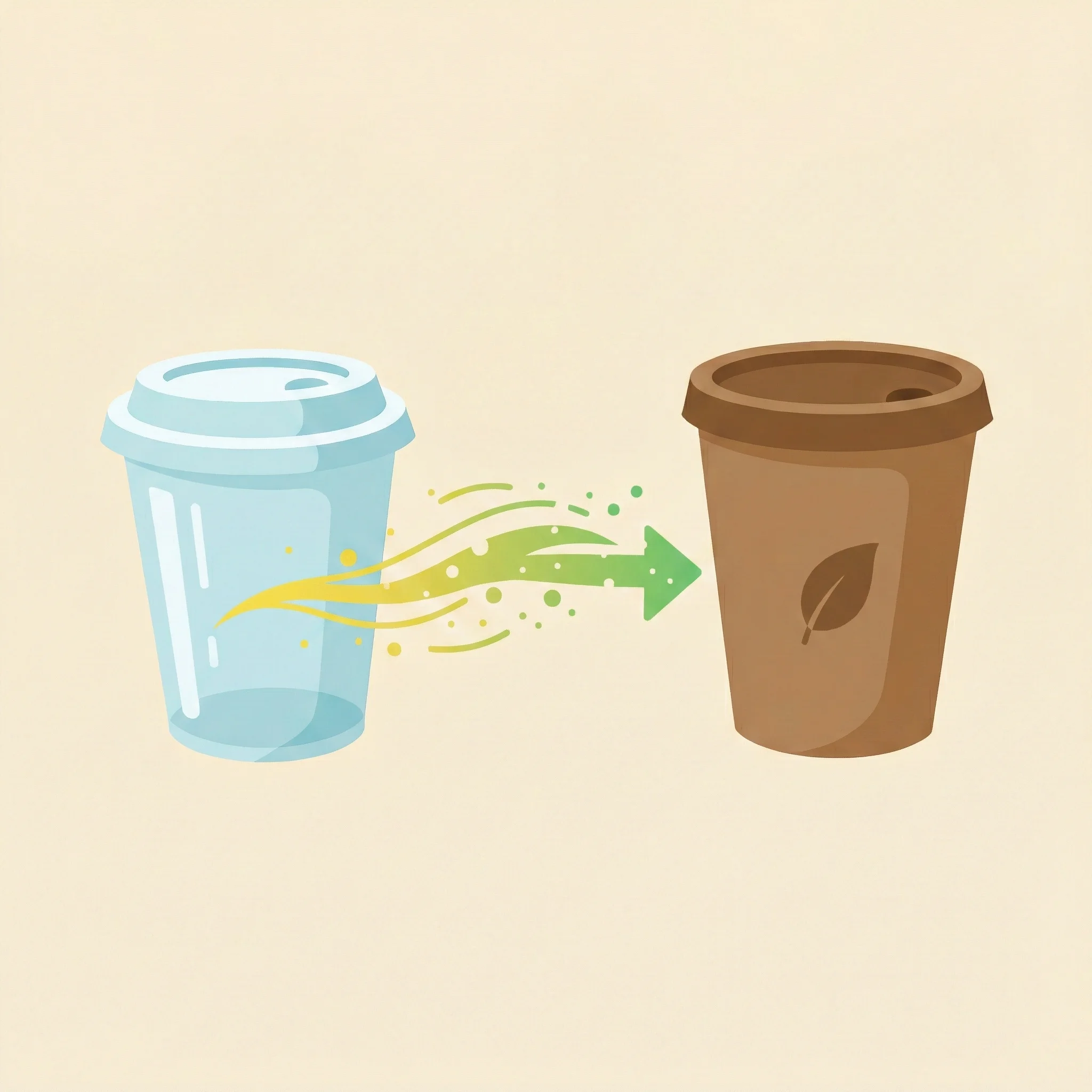 Ilustración que muestra la transición del packaging de plástico al papel sostenible, ilustrando el proceso de paperización en la industria del envase y embalaje.