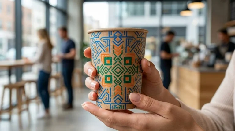 Vaso de café de cartón con impresión geométrica de alta calidad, demostrando la eficacia de la paperización y el uso de tintas sostenibles de MA Inks en packaging alimentario.