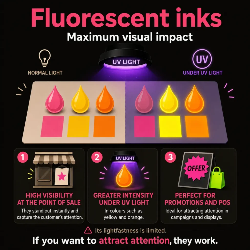 Infographic about fluorescent inks in offset printing, showing how colours behave under normal light and UV light, with applications in point-of-sale visibility, promotions and displays.