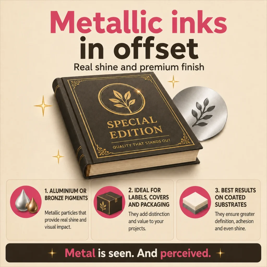 Infographic about metallic inks in offset printing, showing a premium book cover with metallic gold and silver finishes and key applications in labels, covers and packaging.