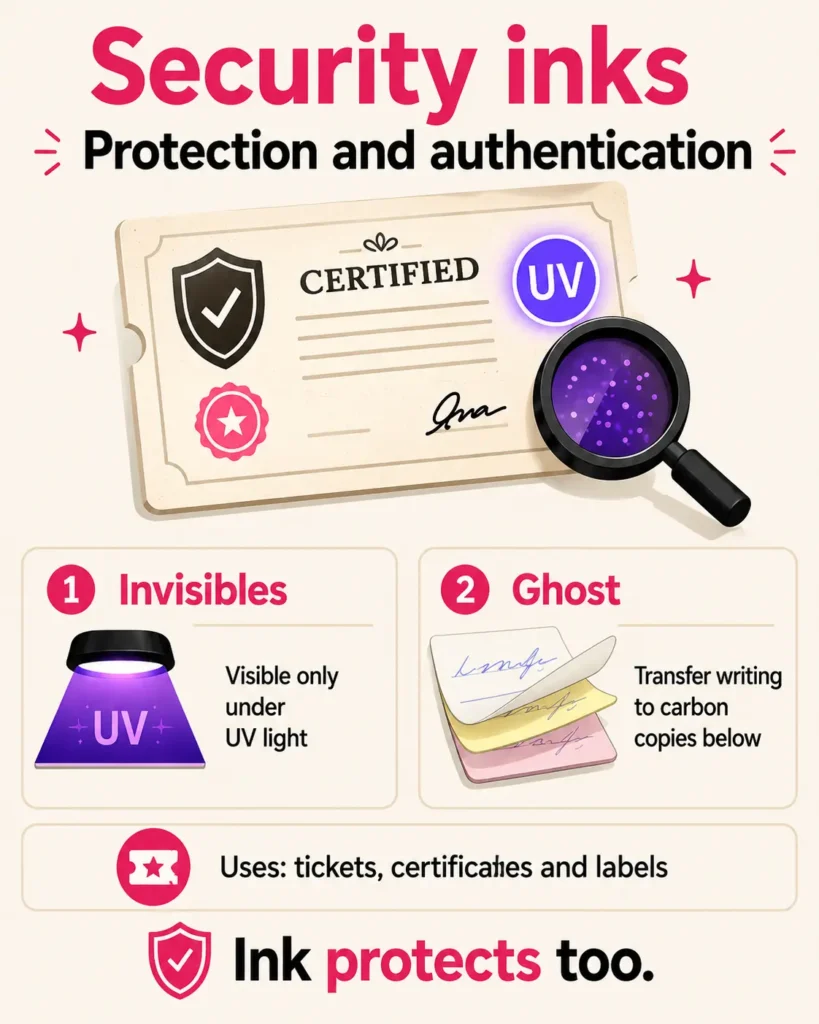 Infographic about security inks in offset printing, showing UV invisible inks and carbonless copy inks for protection, authentication and use in tickets, certificates and labels.