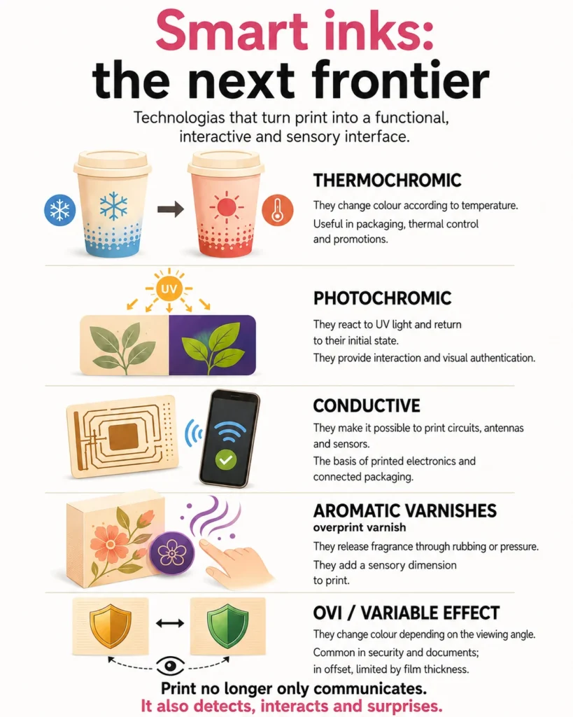 Infographic about smart inks and functional print technologies, showing thermochromic, photochromic, conductive, aromatic varnish and OVI effects for interactive, sensory and security applications.
