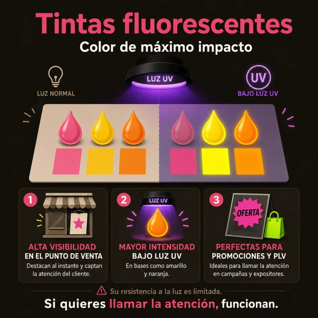 Infografía sobre tintas fluorescentes en offset y su comportamiento bajo luz normal y luz UV.