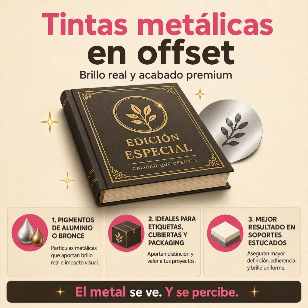 Infografía sobre tintas metálicas en offset aplicadas a acabados premium, etiquetas, cubiertas y packaging.