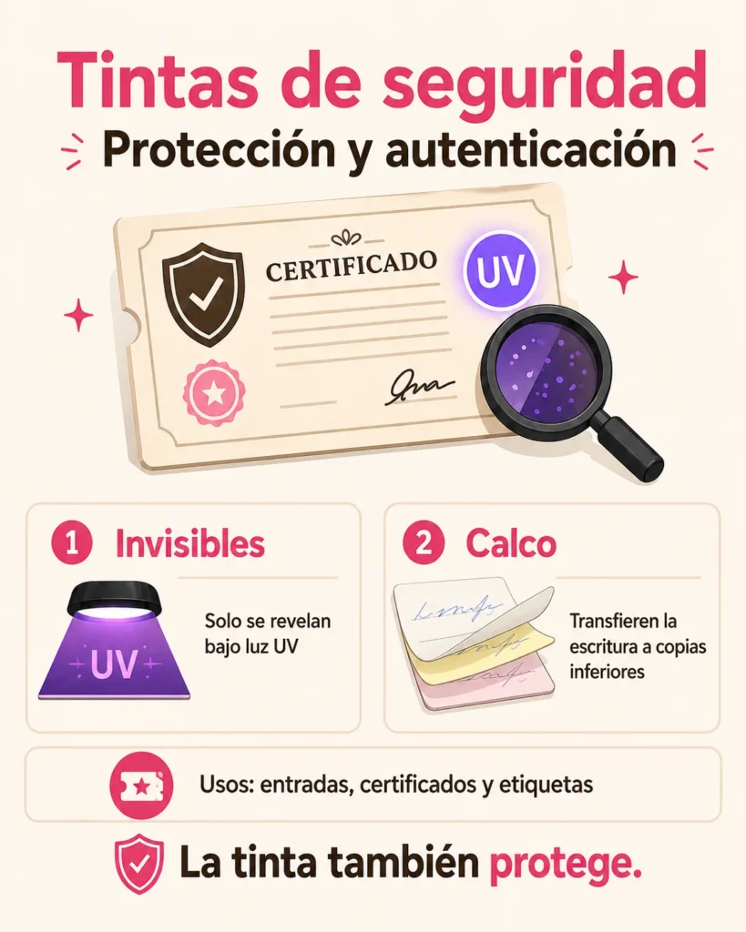 Infografía sobre tintas de seguridad en offset para autenticación, con tintas invisibles bajo luz UV y tintas calco.