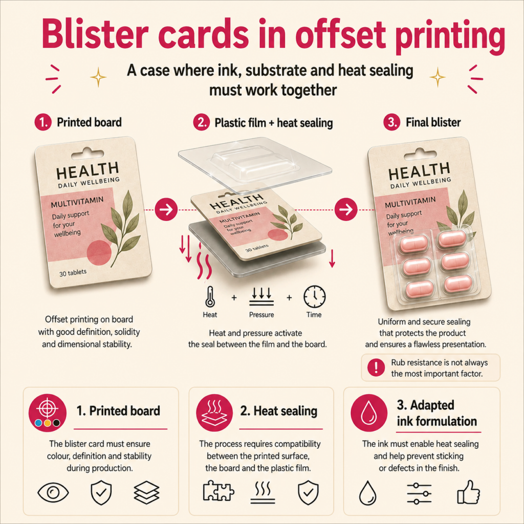 Infographic showing offset printed blister cards, plastic film heat sealing and the final blister pack, highlighting ink, substrate and heat-sealing compatibility.