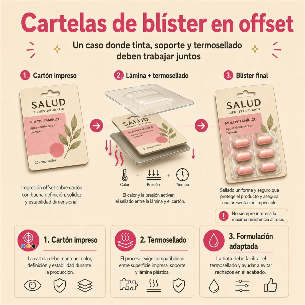 Infografía del proceso de impresión offset de cartelas de blíster farmacéutico: cartón impreso, termosellado con lámina plástica y blíster final, con los tres criterios técnicos clave de formulación de tinta.