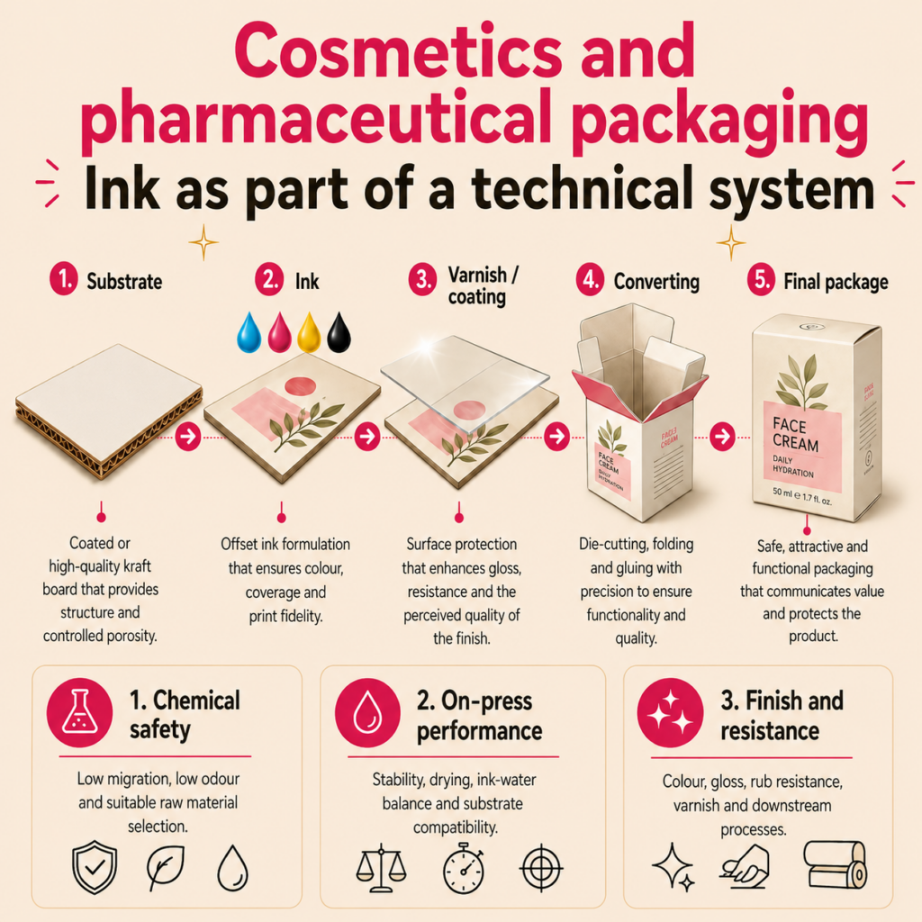 Infographic about cosmetics and pharmaceutical packaging showing substrate, ink, varnish or coating, converting and final package as part of a technical printing system.