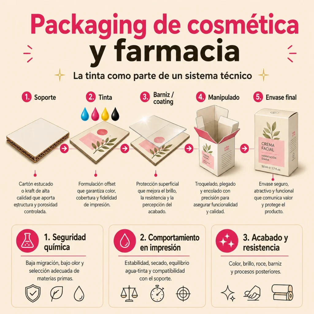 Infografía del sistema de impresión offset para packaging de cosmética y farmacia: soporte, tinta, barniz, manipulado y envase final, con los tres criterios clave de selección de tinta.