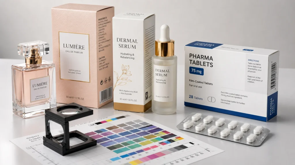 Packaging de cosmética y farmacia impreso con carta de color y cuentahílos para control de calidad en tintas offset.