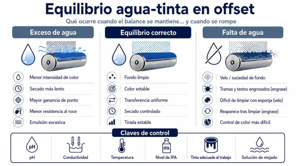 Infografía comparativa del equilibrio agua-tinta en offset: efectos del exceso de agua, el equilibrio correcto y la falta de agua, con las claves de control (pH, conductividad, temperatura, IPA)