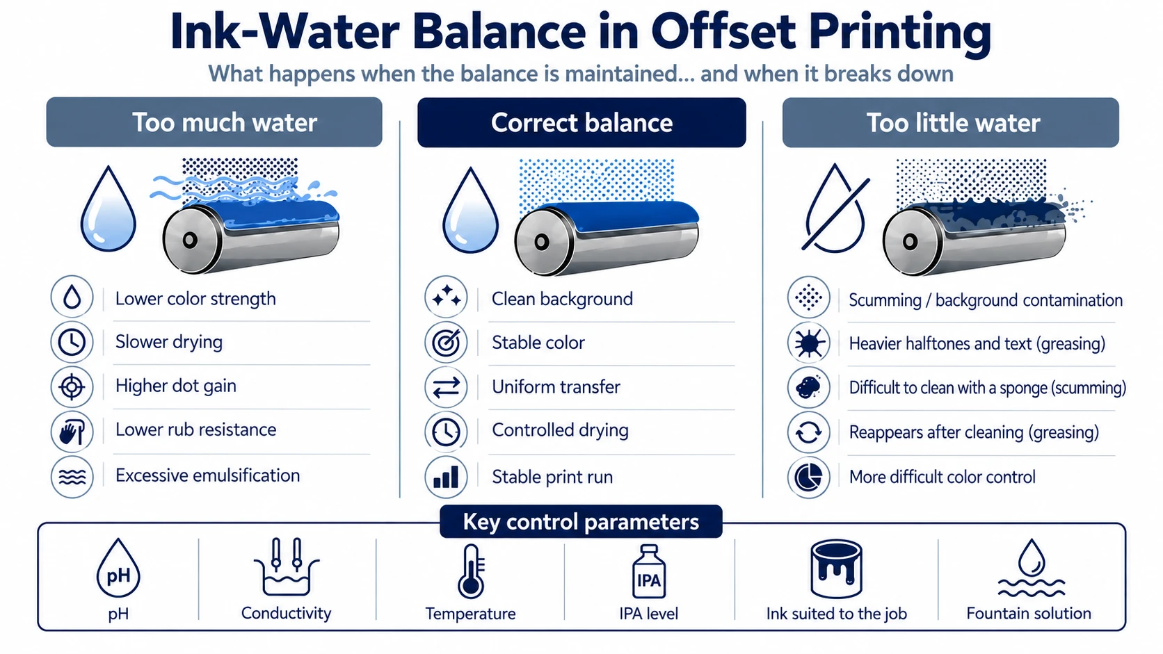 Infographic showing the effects of too much water, correct ink-water balance and too little water in offset printing, along with the main control parameters.