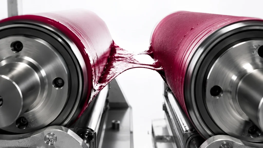 Película de tinta magenta separándose entre dos rodillos para representar el tack en impresión offset