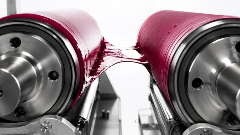 Película de tinta magenta separándose entre dos rodillos para representar el tack en impresión offset